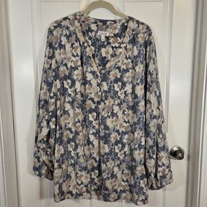 Denim & Company Womens Size 5X Blue Taupe Cream Abstract Floral LS Flowy Top